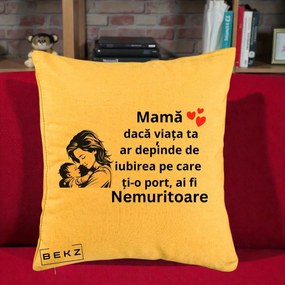 Cadou pentru Mama - Perna Personalizata Mama Nemuritoare Aproape de Bebe, 40x40 cm, Galben, Husa Detasabila, Perna Inclusa, BEKZ®