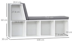 HOMCOM Biblioteca banc 2 in 1 cu 5 compartimente de depozitare si 2 perne 108 x 30 x 60 cm alb gri | Aosom Romania