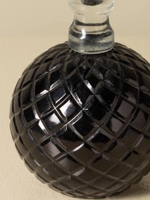 Sfeșnic din sticlă neagră cu bază sferică cu reliefuri romboidale și suport cilindric transparent, finisaj lucios, 16×9 cm, „Verelune"