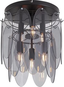 Plafonieră Art Deco neagră cu sticlă fumurie ovală cu 6 lumini - Mochan