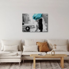 Tablou - Cuplu în dragoste cu umbrelă, albastru (70x50 cm)