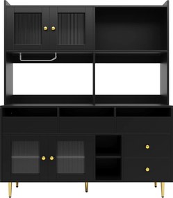 Dulap înalt pentru sufragerie, cu uși cu geam perforat, decor auriu și spațiu mare de depozitare pe mai multe niveluri, 145x39x171 cm, Negru