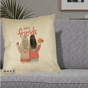 Cadou pentru Prieteni - Perna Personalizata Best Friends Toamna, 40x40 cm, Crem, Husa Detasabila, Perna Inclusa, BEKZ®