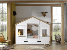 Set Pat Căsuță și Sertar pentru Pat pentru Copii, 2 Piese, 90x200 cm, Alb/Natural (Pin Masiv și MDF) – Babs – Vipack