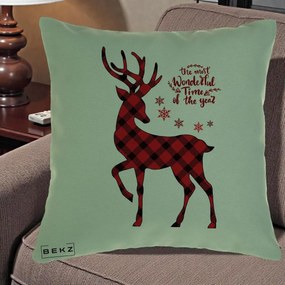Perna Decorativa Ren Buffalo Plaid Craciun, 40x40 cm, Verde, Husa Detasabila, Perna Inclusa, BEKZ®
