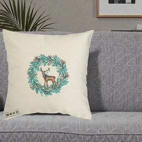 Perna Decorativa Coroana Turcoaz cu Ren, 40x40 cm, Ecru, Husa Detasabila, Perna Inclusa, BEKZ®