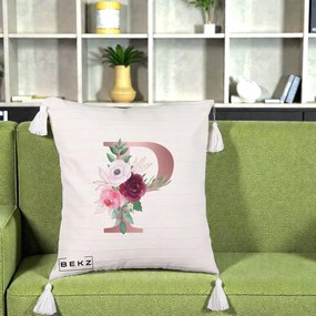Cadou Personalizat - Perna Personalizata Monograma Rose Gold Litera P, 40x40 cm, Bej cu Franjuri, Husa Detasabila, Perna Inclusa, BEKZ®