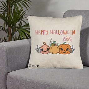 Perna Decorativa Happy Halloween Boo Trei Dovlecei Kawaii, 40x40 cm, Bej Canapea, Husa Detasabila, Perna Inclusa, BEKZ®