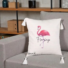Perna Decorativa Flamingo Acuarela, 40x40 cm, Bej cu Franjuri, Husa Detasabila, Perna Inclusa, BEKZ®