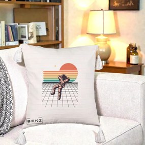Perna Decorativa Astronaut Retro Space, 40x40 cm, Bej cu Franjuri, Husa Detasabila, Perna Inclusa, BEKZ®