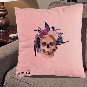 Perna Decorativa Craniu Floral cu Trandafiri si Ciuperci, 40x40 cm, Roz, Husa Detasabila, Perna Inclusa, BEKZ®