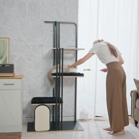 PawHut Pom de Joaca, Design Industrial, 3 Platforme, 2 Perne de Dormit, Placa de Zgariat, Structura din Otel, negru, 85 x 48 x 170 cm | Aosom Romania