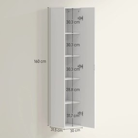 HOMCOM Dulap de Baie Suspendat, Colona de Baie cu 5 Niveluri și Rafturi Reglabile, Închidere Amortizată Soft Close, Dulap Salvaspațiu Modern, 30x31.5x160 cm, Alb | Aosom Romania