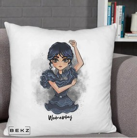 Perna Personalizata Wednesday Addams Dancing Queen, 40x40 cm, Alb Pufos, Husa Detasabila, Perna Inclusa, BEKZ®