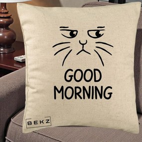 Perna Decorativa Pisica Morocanoasa Good Morning, 40x40 cm, Bej, Husa Detasabila, Perna Inclusa, BEKZ®