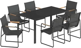 Outsunny Set Masă și Scaune de Grădină 7 Piese, Set Prânz Exterior cu Masă din Sticlă Temperată, 6 Scaune din Texteline Respirabil, Cotiere Decorative, Structură din Oțel pentru Terasă Balcon, Negru | Aosom Romania