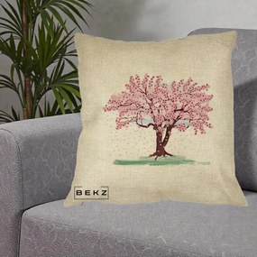 Perna Decorativa Cires Inflorit Acuarela, 40x40 cm, Crem, Husa Detasabila, Perna Inclusa, BEKZ®
