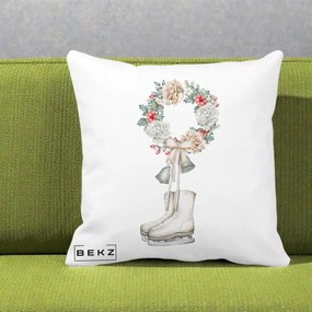 Perna Decorativa Patine cu Coroana Florala de Craciun, 40x40 cm, Alba Mata, Husa Detasabila, Perna Inclusa, BEKZ®