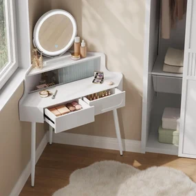 SEA493 - Set Masa toaleta 90 cm pentru colt, cosmetica machiaj, oglinda cu LED, masuta vanity - Alb