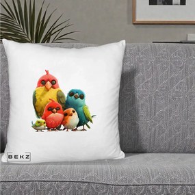 Perna Decorativa Familie de Pasarele Colorate, 40x40 cm, Alb Pufos, Husa Detasabila, Perna Inclusa, BEKZ®
