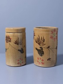 Borcan din ceramică artizanală natur cu capac, motive florale și păsări pictate manual, maro și roșu, 22 × 12 cm, „Campana"