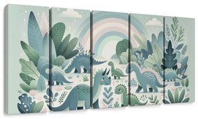 Tablou 5-piese lumea dinozaurilor cu curcubeu și junglă verde