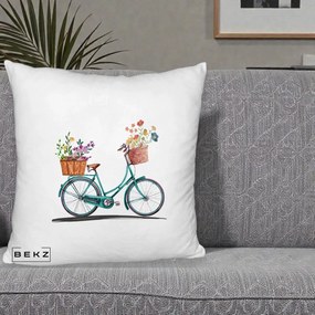 Perna Decorativa Bicicleta Florala Turcoaz Acuarela, 40x40 cm, Alb Pufos, Husa Detasabila, Perna Inclusa, BEKZ®
