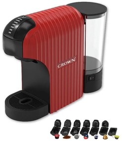 Espressor cu capsule 7in1 Crown CCM-1532R, 1400 W, 20 bar, 0.9 L, 7 adaptoare, Indicator LED, Controlul lungimii cafelei, Rosu/Negru