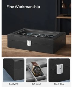 Cutie Pentru Ceasuri Cu Capac Din Sticla, Piele Sintetica Neagra, Captuseala Gri, 30.2 Cm