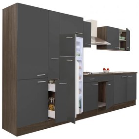 Mobilă de bucătărie Yorki 360 cu corp din stejar Yorki, față antracit satinat, dulap cu rafturi și frigider cu congelator superior