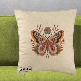 Perna Decorativa Fluture Boho Floral, 40x40 cm, Bej, Husa Detasabila, Perna Inclusa, BEKZ®