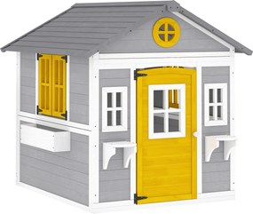 Outsunny Căsuță din Lemn pentru Copii 3-8 Ani, Căsuță de Grădină cu Ferestre, Acoperiș Înclinat, Ghivece și Jardiniere, Gri, Galben, Alb | Aosom Romania