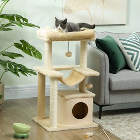 PawHut copac pentru pisici, copac de zgâriat cu jucărie, bară de odihnă, hamac, 48 x 48 x 90 cm, crem | Aosom Romania