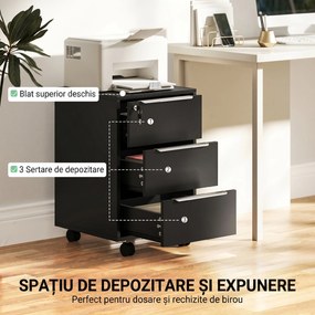 HOMCOM Fișet de Birou cu 3 Sertare, 4 Roți, Casetieră cu Încuietoare și 2 Chei, Negru | Aosom Romania