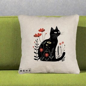 Perna Decorativa Pisica Neagra Flori Rosii Folk, 40x40 cm, Bej Canapea, Husa Detasabila, Perna Inclusa, BEKZ®