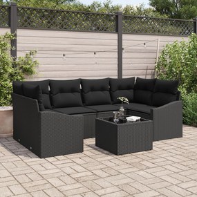 vidaXL Set de canapea pentru grădină , 7 piese, cu perne, Negru, Poliratan