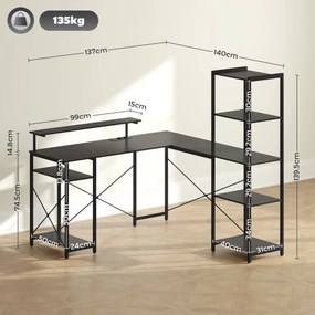 HOMCOM Birou de colț pentru computer cu prize electrice și suport dublu pentru monitor, 137x140 cm, negru | Aosom Romania