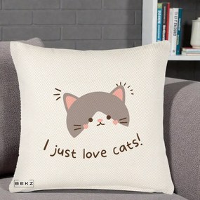 Perna Personalizata I Just Love Cats Pisica Kawaii, 40x40 cm, Crem Reliefat, Husa Detasabila, Perna Inclusa, BEKZ®