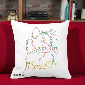 Perna Personalizata Pisica Meow Arta Linie Colorata, 40x40 cm, Alba Mata, Husa Detasabila, Perna Inclusa, BEKZ®