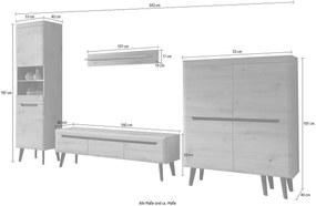 Set living ~Dolomites~ format din 4 piese, fronturile MDF, culoare stejar, picioare negre, 340 cm lungime