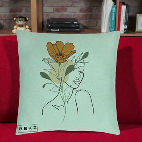 Perna Decorativa Portret Feminin Floare Portocalie, 40x40 cm, Verde Menta, Husa Detasabila, Perna Inclusa, BEKZ®