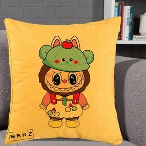 Perna Personalizata Labubu x Urs Albastru Colorat, 40x40 cm, Galben, Husa Detasabila, Perna Inclusa, BEKZ®