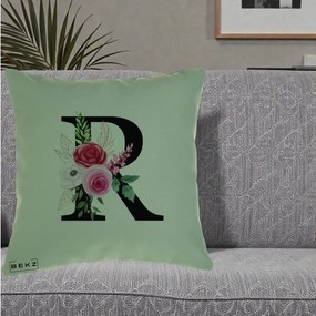 Cadou Personalizat - Perna Personalizata Monograma Florala Litera R, 40x40 cm, Verde, Husa Detasabila, Perna Inclusa, BEKZ®