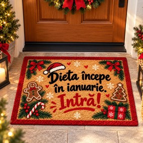 Covoraș de intrare, antiderapant, model Crăciun, Dieta în ianuarie, 50x70 cm, CIN111