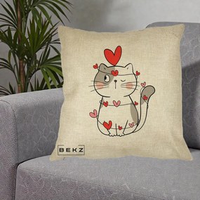 Perna Decorativa Pisica Kawaii cu Inimi, 40x40 cm, Crem, Husa Detasabila, Perna Inclusa, BEKZ®
