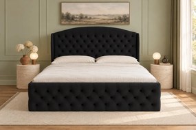 Pat tapițat Lunara Deluxe 140×200 cm, negru, cu ladă de depozitare