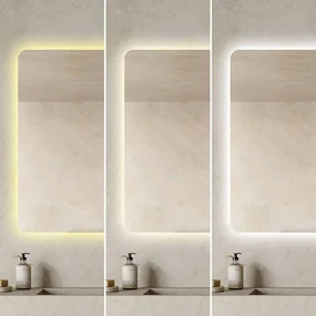 Oglindă LED Dreptunghiulară (80x60 cm), 3 Moduri Iluminare (Lumină Rece, Naturală, Caldă), Intensitate Reglabilă, Funcție Dezaburire, Ceas (Timer) și Termometru, Control Tactil (Touch)