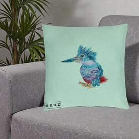Perna Decorativa Pasare Martin Pescar Acuarela Albastru-Mov, 40x40 cm, Verde Menta, Husa Detasabila, Perna Inclusa, BEKZ®