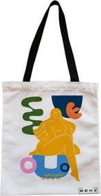 Sacosa de Panza pentru Cumparaturi, Geanta Tote, model Abstract Human Art, Cu fermoar, 38x34.5 cm, Alba, BEKZ®