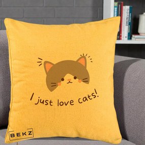 Perna Personalizata I Just Love Cats Pisica Kawaii, 40x40 cm, Galben, Husa Detasabila, Perna Inclusa, BEKZ®